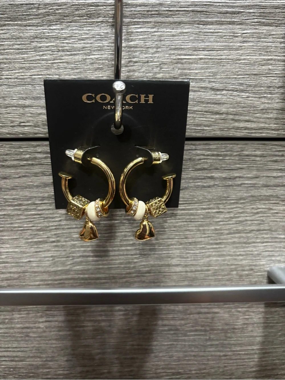 NWOT - Coach Signature Enamel Heart Cube Charm Hoop Earrings